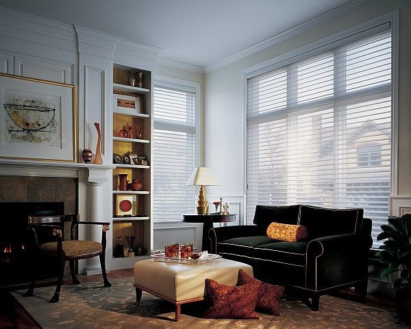elegantly decorated room with white blinds on windows